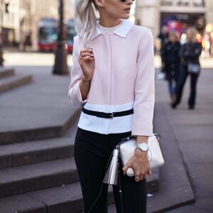 Longchamp Elegant Pink and White Women's Faux Belted Blazer Jacket size FR38 US6